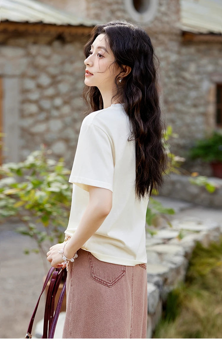 MISHOW Apricot Short Sleeved T-shirt Women 2025 Spring New Casual Versatile Heart Print Positive Shoulder Tops Outer MXE11T0491