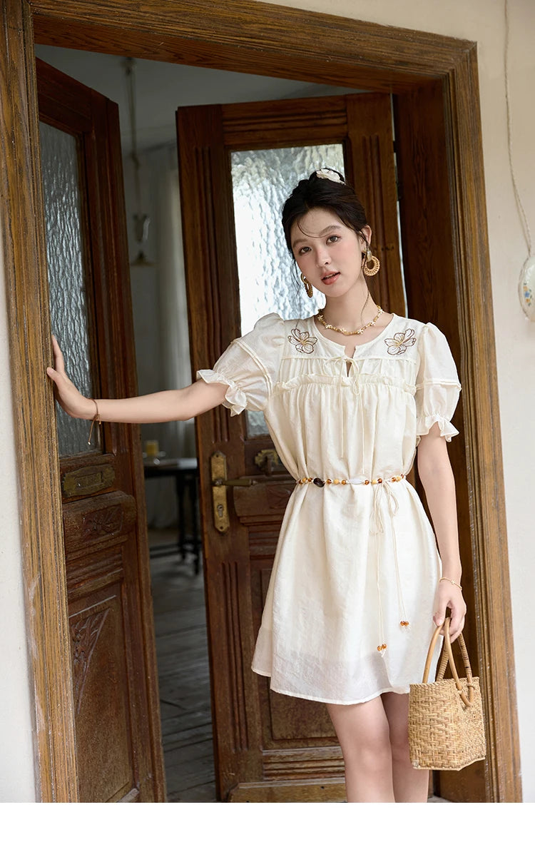 MISHOW Vacation Retro Sweet Dress for Women 2025 Summer Jacquard Embroidered Bubble Sleeve Dresses with Bohemian Belt MXD30L1864