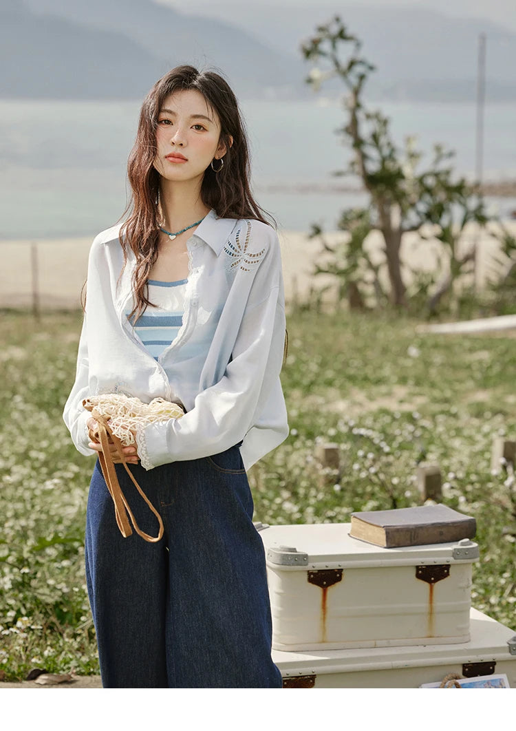 MISHOW Blue Office Lady Shirts Women 2025 Summer New Round Neck Long Sleeve Hollow Embroidery Blouses Female Fashion MXE31C0775