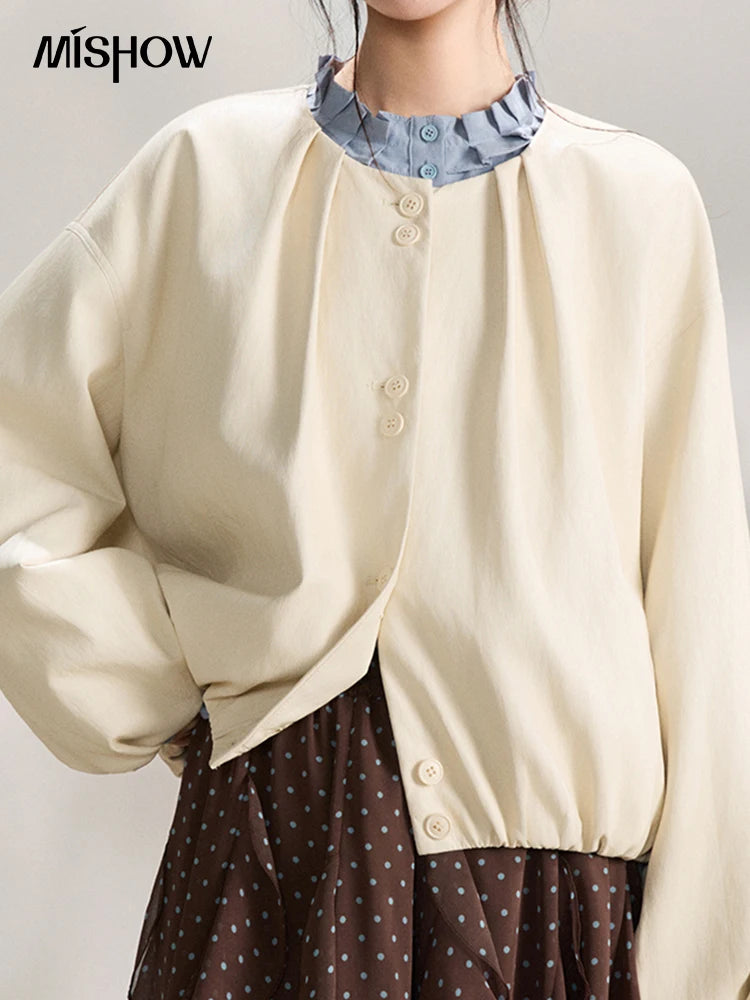 MISHOW Imitation Protein Skin Short Flower Bud Leather Jacket 2026 Spring Ruffled Collar Casual Loose Button-Up Coat MXF108W1019