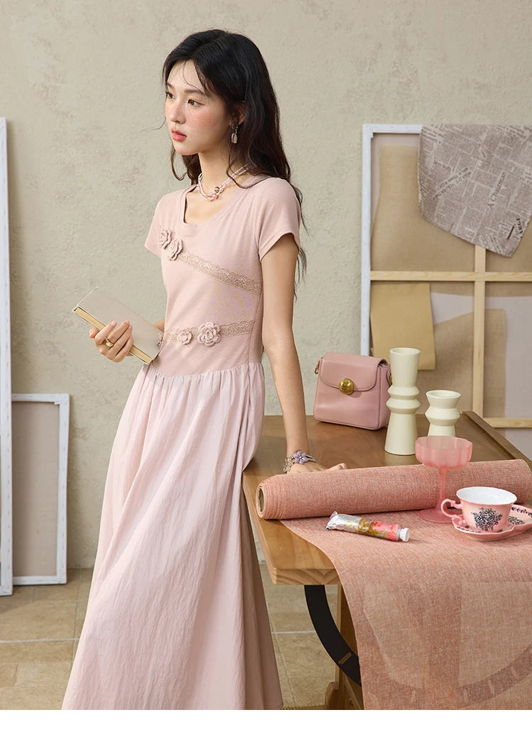 MISHOW Woven Patchwork Knitted Dress Female Summer 2025 French Waist Slim Long Dress Pink Round Neck Elegnat Dresses MXE36L2247