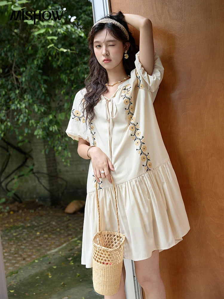 MISHOW Women's Ethnic Dress 2024 Summer Korean Sunflower Embroidery Puff Sleeve Dress V Neck Lace-up Doll Dresses MXD30L1959