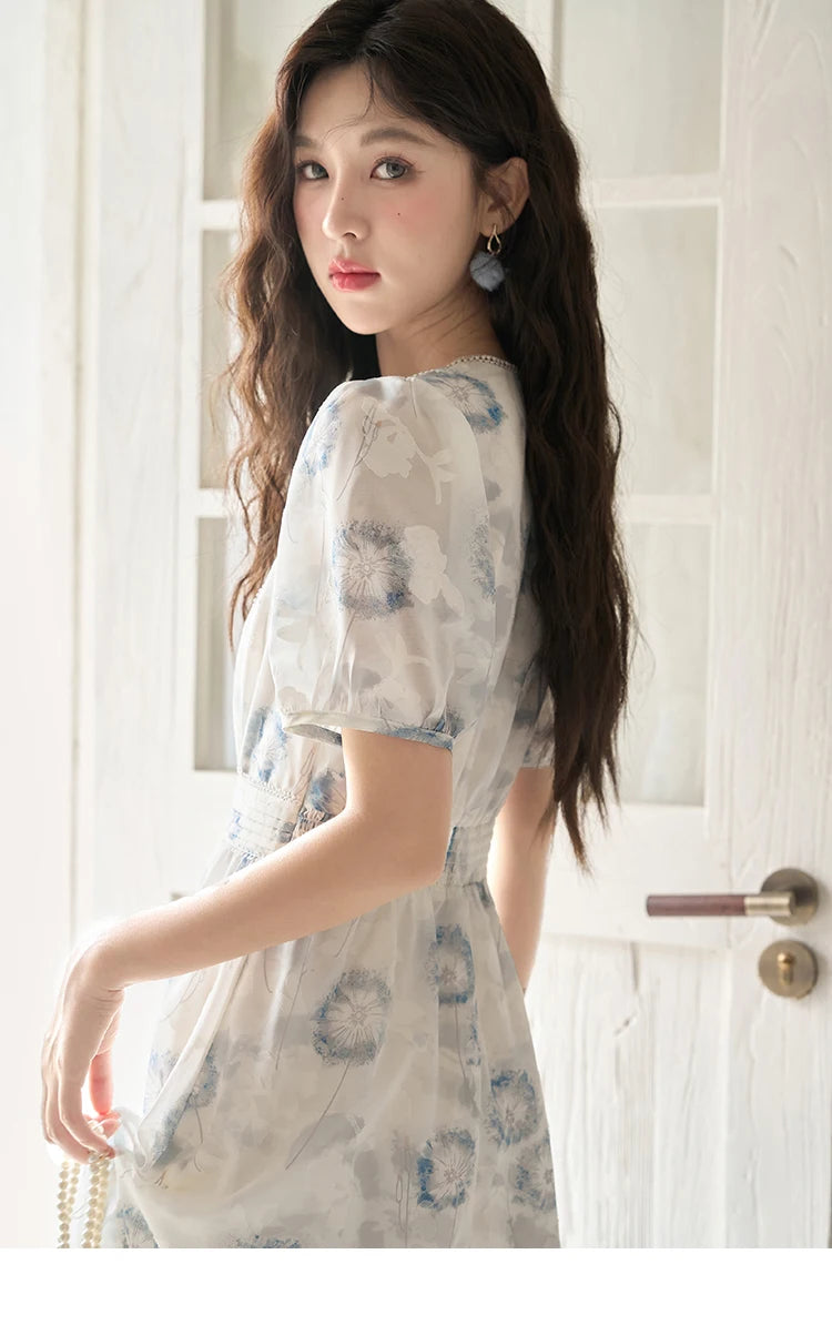 MISHOW 【Taraxacum Series】Chiffon Dress for Women 2023 Summer French Taraxacum Printing V-neck Waist Puff Sleeve Dress MXC39L1555