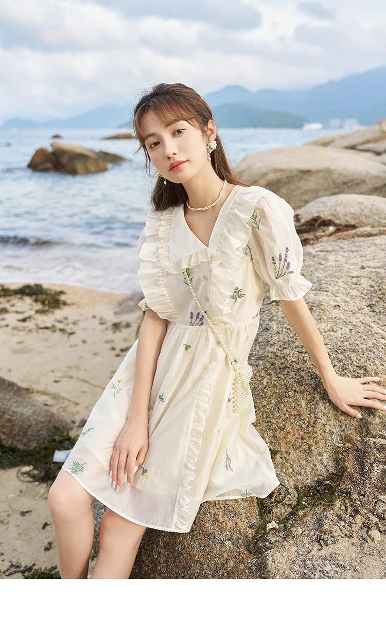 MISHOW Elegant Fairycore Embroidery Flower Dresses 2025 Summer A-line Flare Sleeve Ruffles Sweet Knee-Length Dresses MXC38L1518
