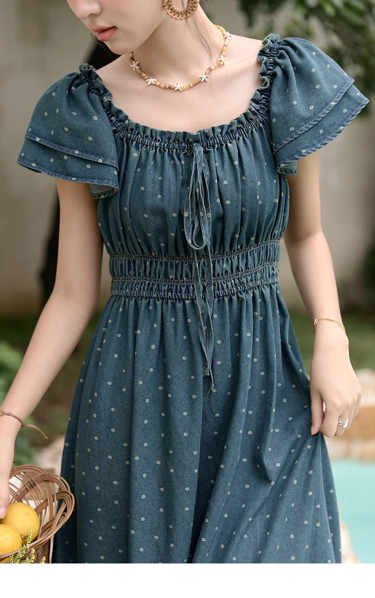 MISHOW Lace Up Flying Sleeve Polka Dot Dress Summer 2024 High Waist Pleated Long Dresses Square Neck Denim Dress MXD30L2022