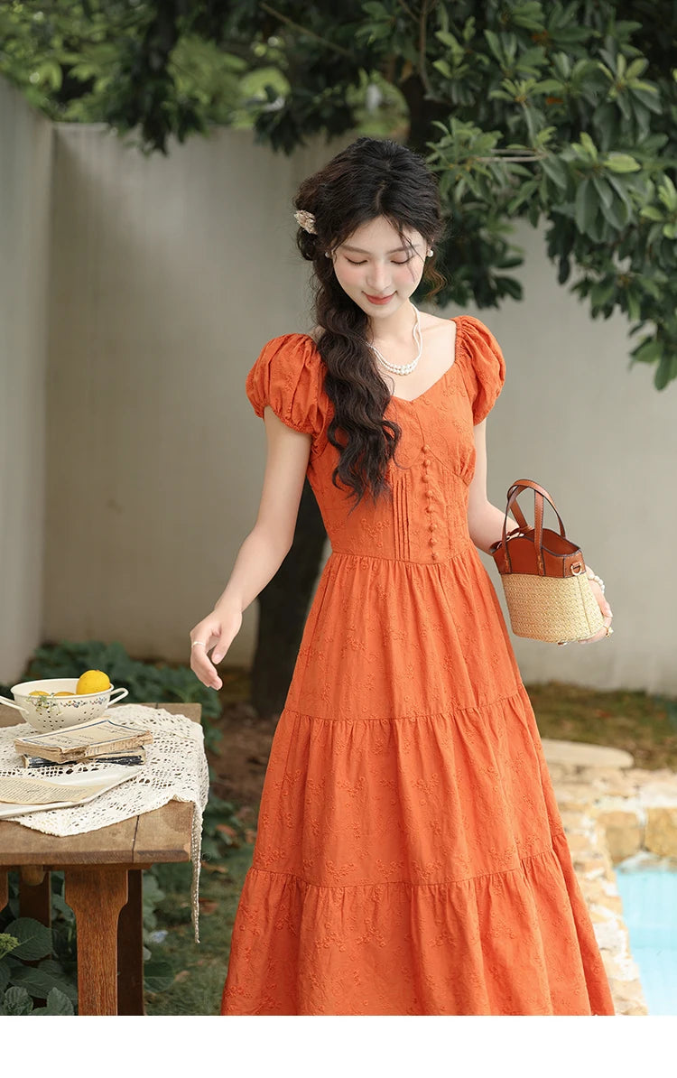 MISHOW 100 Cotton Orange Embroidered French Dress Women 2024 Summer V Neck Mid Length Dress Solid Loose A-line Dress MXD29L1931