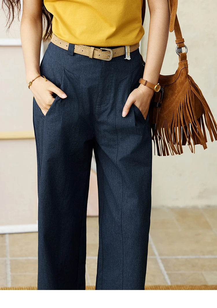 MISHOW Office Lady Summer Pants Women New 2025 Retro Dark Blue High Waist Wide-leg Pants Female Slimming Straight MXE31K0902