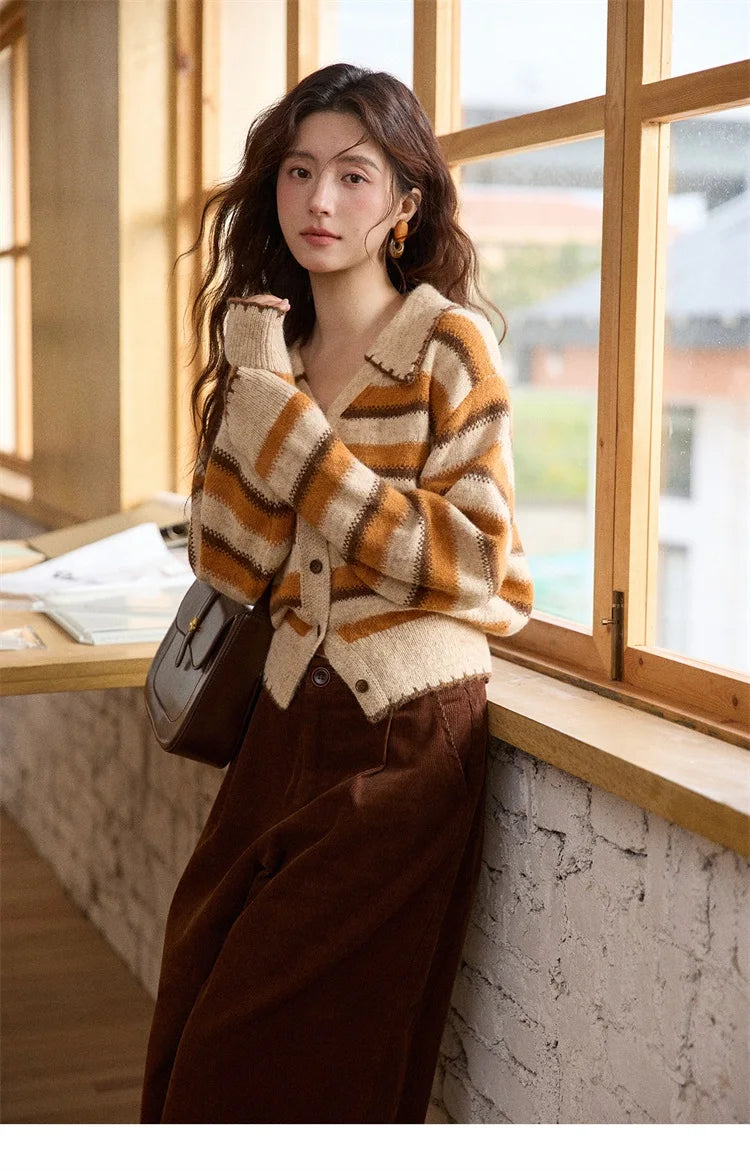 MISHOW Striped Cardigan for Women 2025 Winter Retro Unique Design V-neck Single-breasted Sweater Wool Long Sleeve Top MXE87Z2681