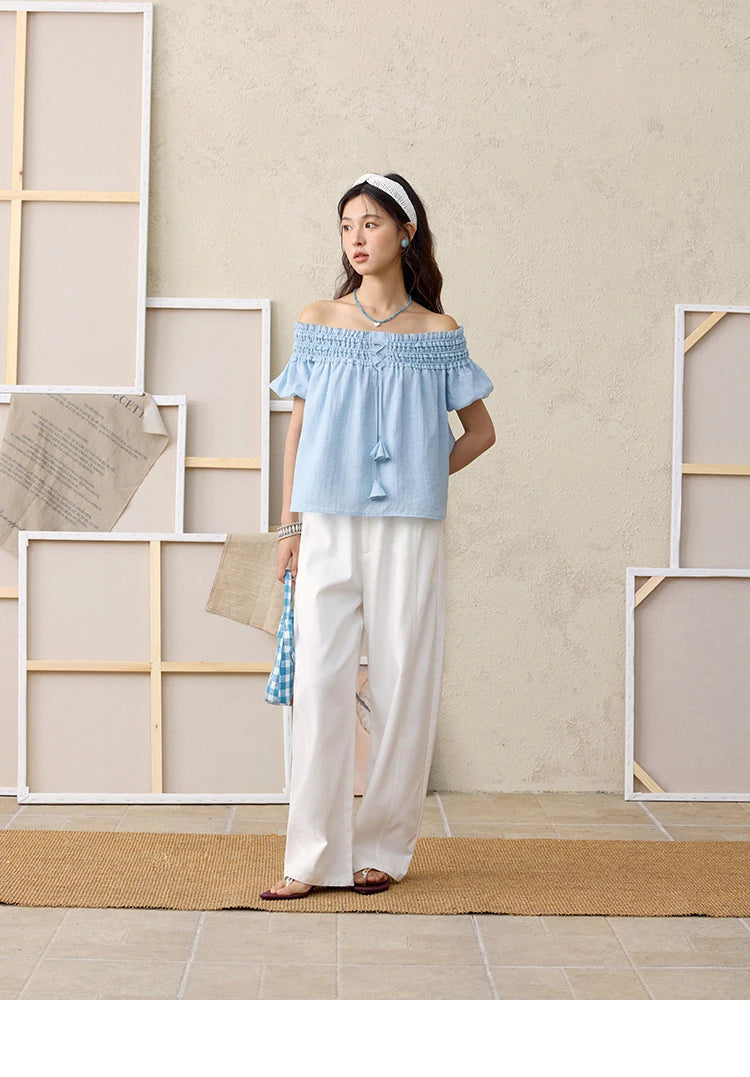 MISHOW Mist Blue One Shoulder Blouse Summer 2025 Elastic Pleated Flower Bud Sleeves Doll Blouses Cotton Blend Top MXE34X1796