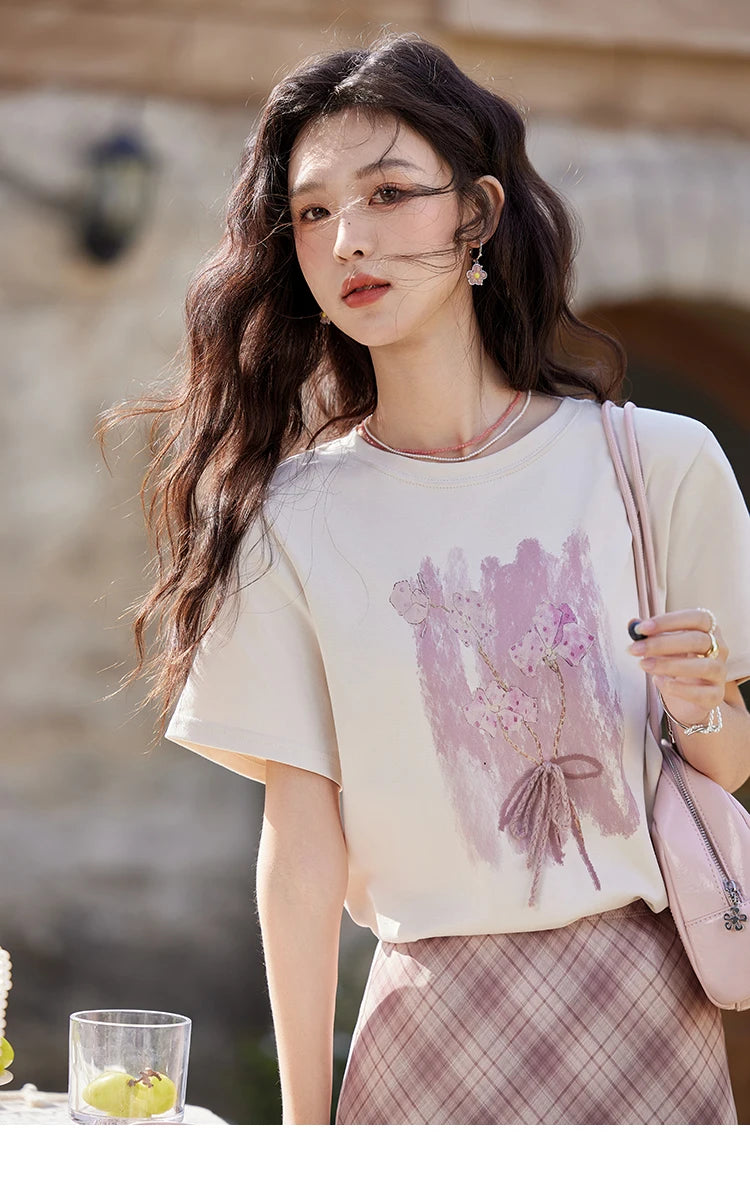 MISHOW Iris Cool Cotton T-shirt for Women Spring 2025 Spray Printing Slim Tees Round Neck Breathable Versatile Top MXE13T0453