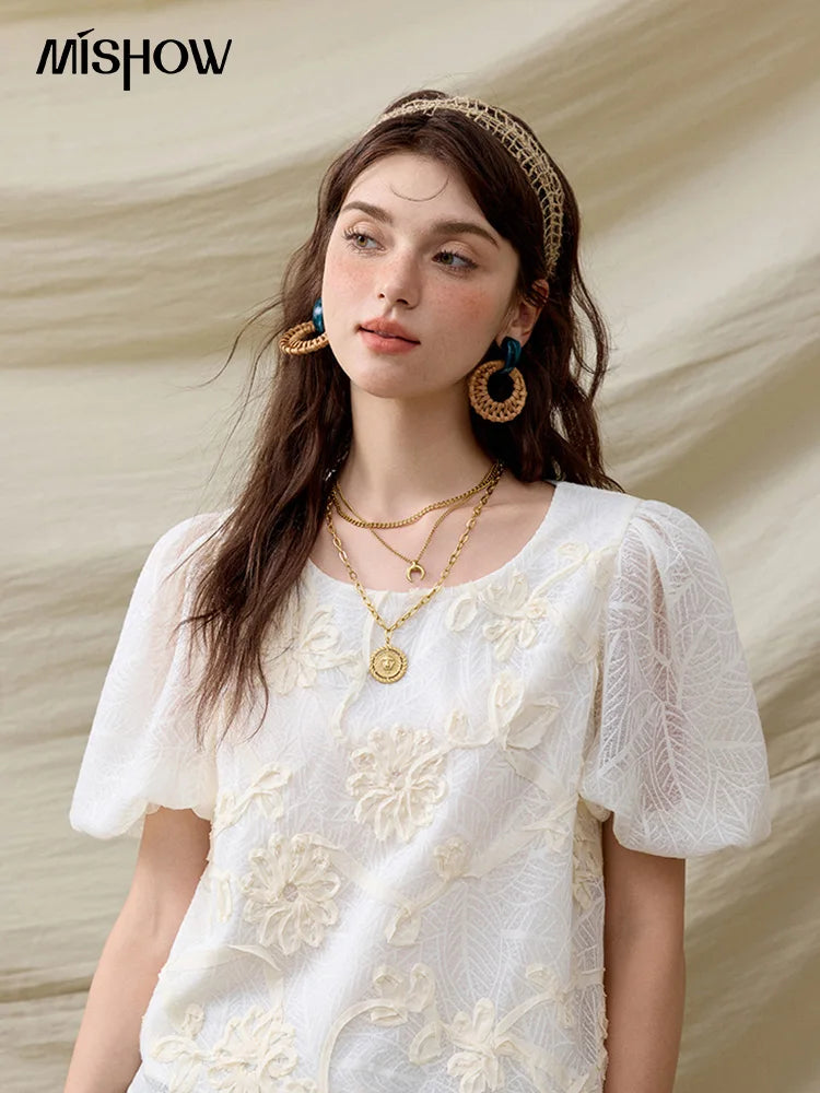 MISHOW French Summer Blouses Women New 2025 Short Puff Sleeve Round Neck Jacquard Flower Slim Shirts Woman Versatile MXE32X1772