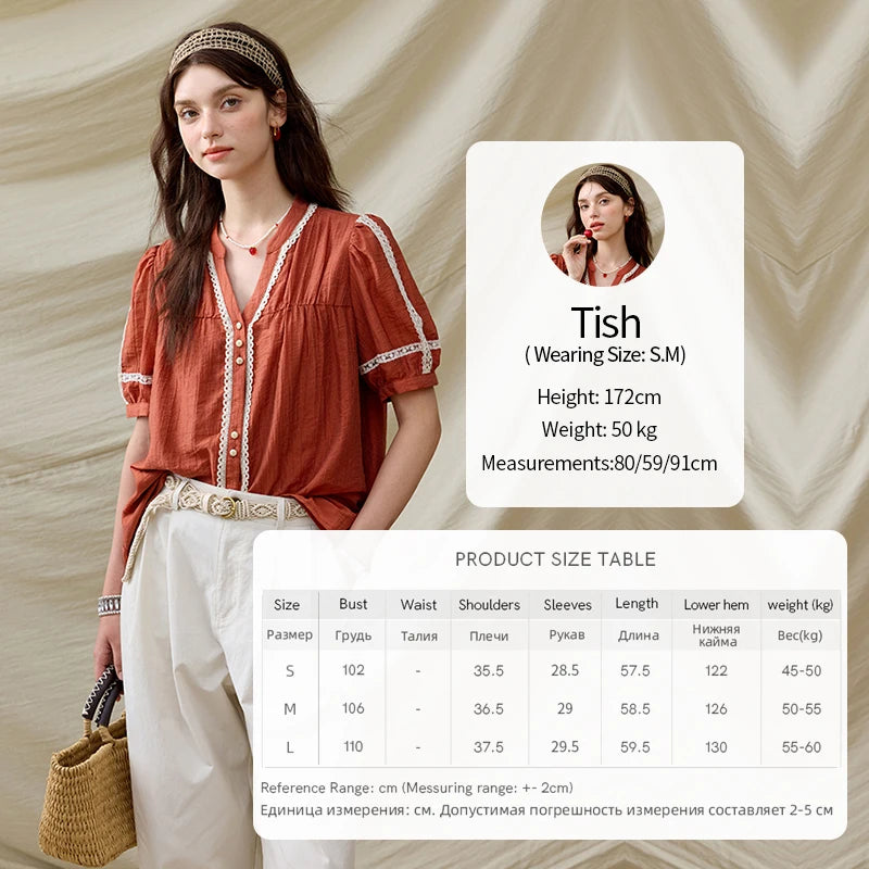 MISHOW French New Blouses Women Summer New 2025 Short Sleeve V-neck Color Matching Shirts Female Fashion Lazy Style MXE31X1766