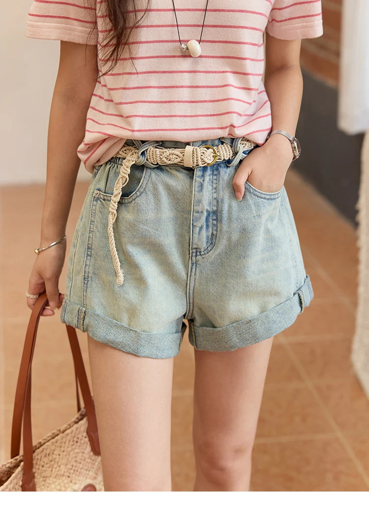 MISHOW Retro Light Blue Denim Shorts for Women Summer 2025 Fashion High Waist Washed Button Zipper Wide Leg Shorts MXE35K0944