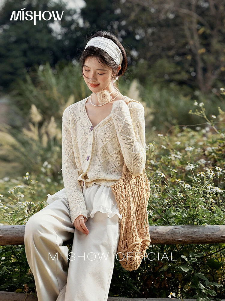 MISHOW Square Pattern Knitted Sweater for Women Spring Summer 2025 V-neck Tops Colorful Starfish Buckle Lazy Cardigan MXE16Z1213