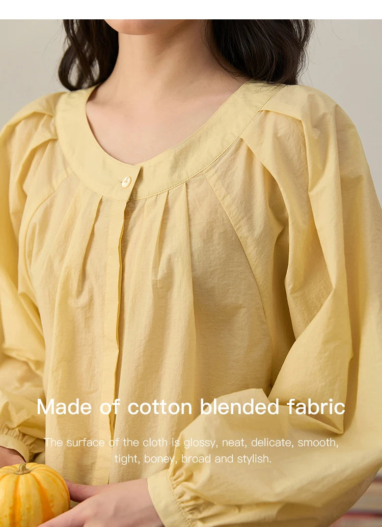 MISHOW Light Yellow Pleated Shirt 2025 Autumn Drawstring Hem Lantern Sleeve Top O-neck Cotton Blend Casual Shirts MXE45X2490