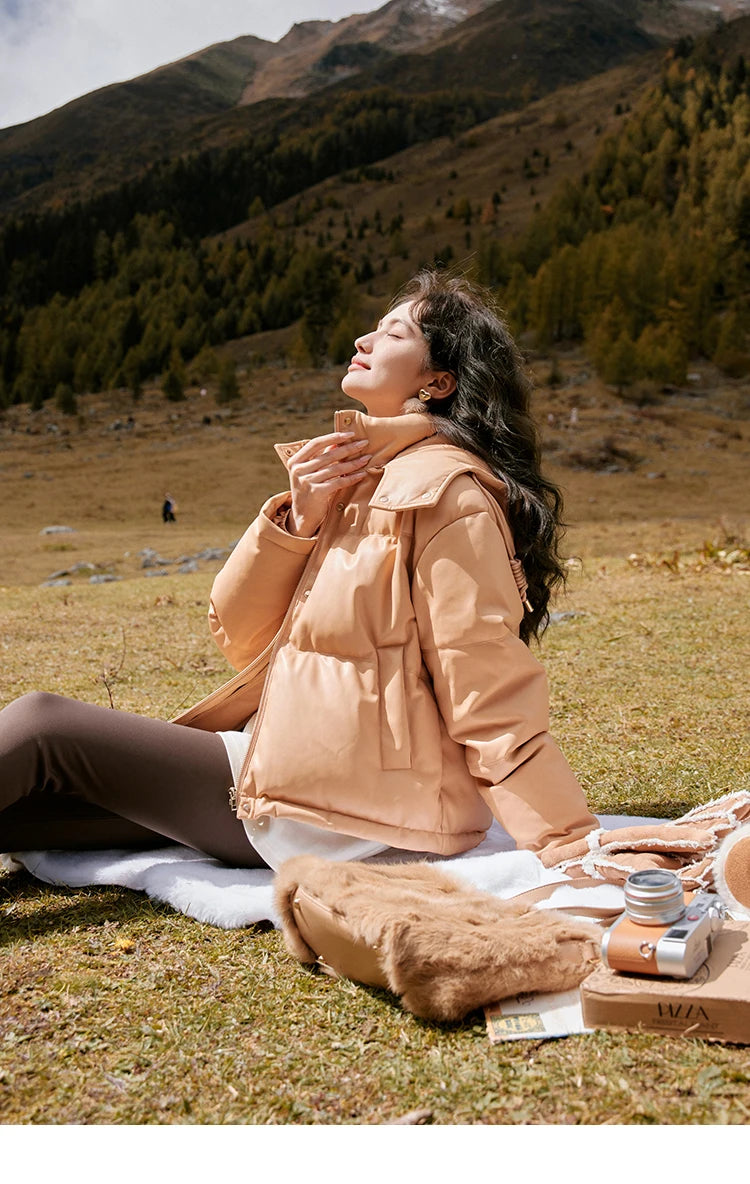 MISHOW Women's Winter Down Jacket 2023 Hooded Short White Duck Down Coats Imitation Protein Leather Puffer Jackets MXC52Y0008