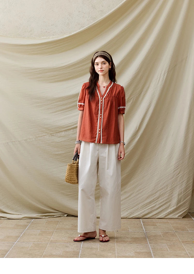 MISHOW French New Blouses Women Summer New 2025 Short Sleeve V-neck Color Matching Shirts Female Fashion Lazy Style MXE31X1766