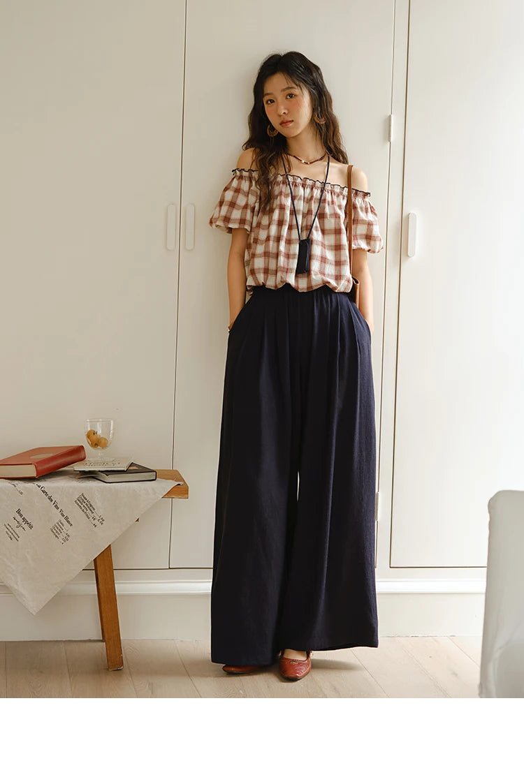 MISHOW Two Piece Set for Women Retro Red Grid Puff Sleeve Top+Casual Elastic Waist Wide Leg Pants Set 2025 Summer New MXE37T0649