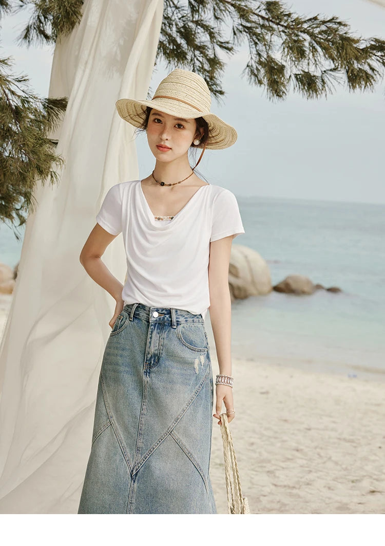 MISHOW Casual Summer Shirts Women 2025 Fashion Short Sleeve Swing Collar Solid T-shirt Female Slim Shell Ribbon Tops MXE33T0524