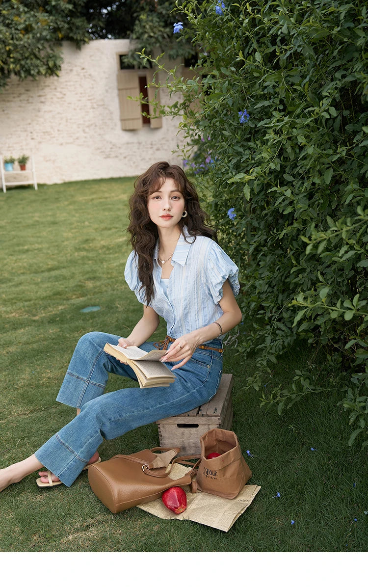 MISHOW Blue Striped Short Sleeve Shirt for Women Summer 2025 Bubble Flower Bud Sleeves Lapel Neck Shirt with Tube Top MXD24C0204