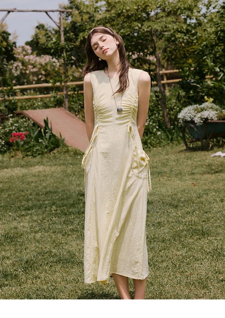 MISHOW Office Lady Summer Dress Women New 2025 Sleeveless Round Neck Drawstring Waist with Pockets Slim Dresses Woman MXE34L2228