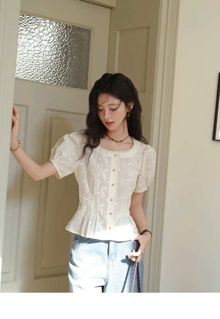 MISHOW Embroidery Cotton Shirt for Women 2025 Summer Fashion French Style Puff Sleeve Button Shirt Women's Clothing MXE39X1979