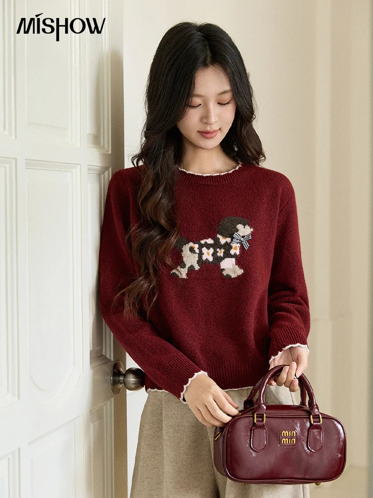 MISHOW Women's Burgundy Knitted Sweater 2025 Winter Poodle Pattern Ruffled Trim Crew Neck Sweater Warm Pullover Tops MXE93Z2949