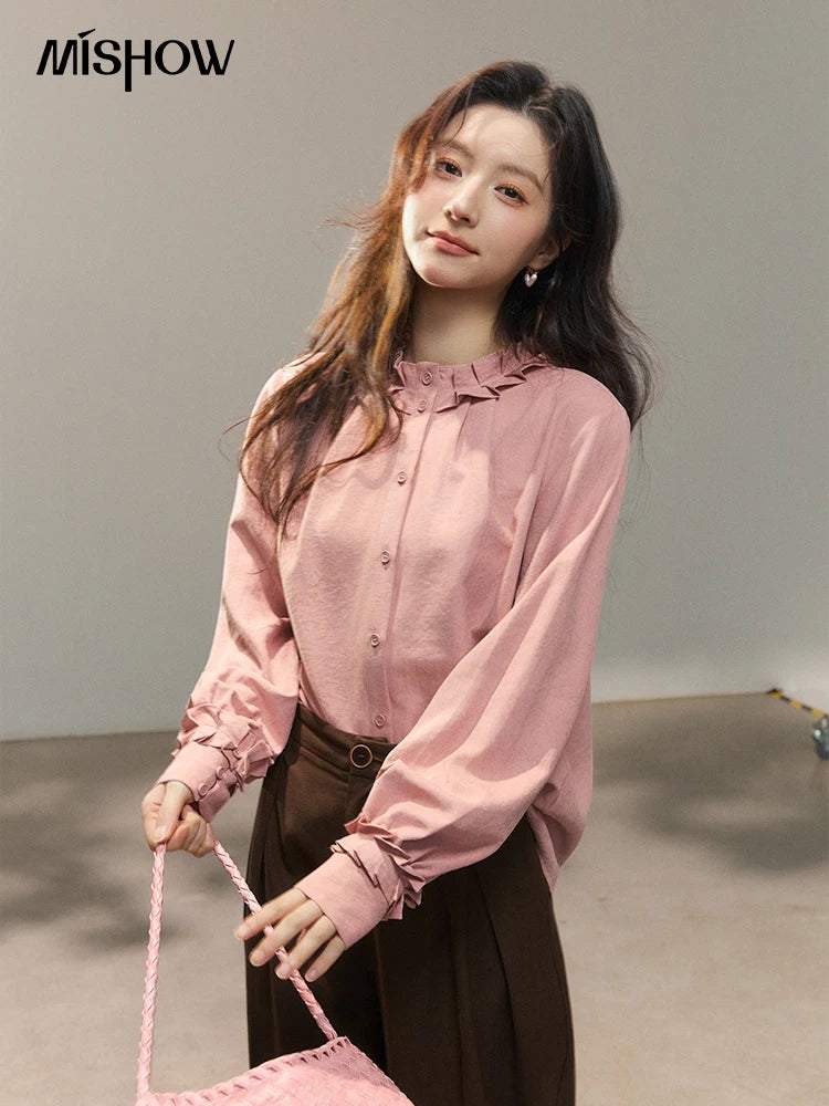 MISHOW Women's Peach Skin Solid Shirt 2026 Spring Ruffled Crew Neck Single-breasted Tops Casual Long Sleeve Shirts MXF11C2431