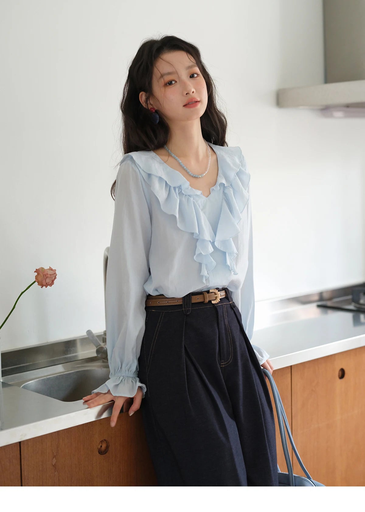 MISHOW Blue Lyocell Ruffled Shirt 2025 Autumn V-neck Flared Sleeves V-neck Shirts Commuting Elegant Versatile Tops MXE41X1969