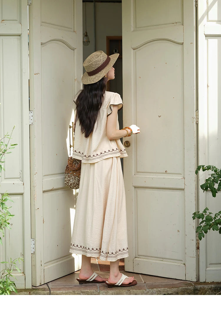 MISHOW Women Two Piece Set 2025 Summer Female Embroidery Flying Sleeve Lace Spliced Top Loose Elastic Waist Skirt Set MXE39T0667