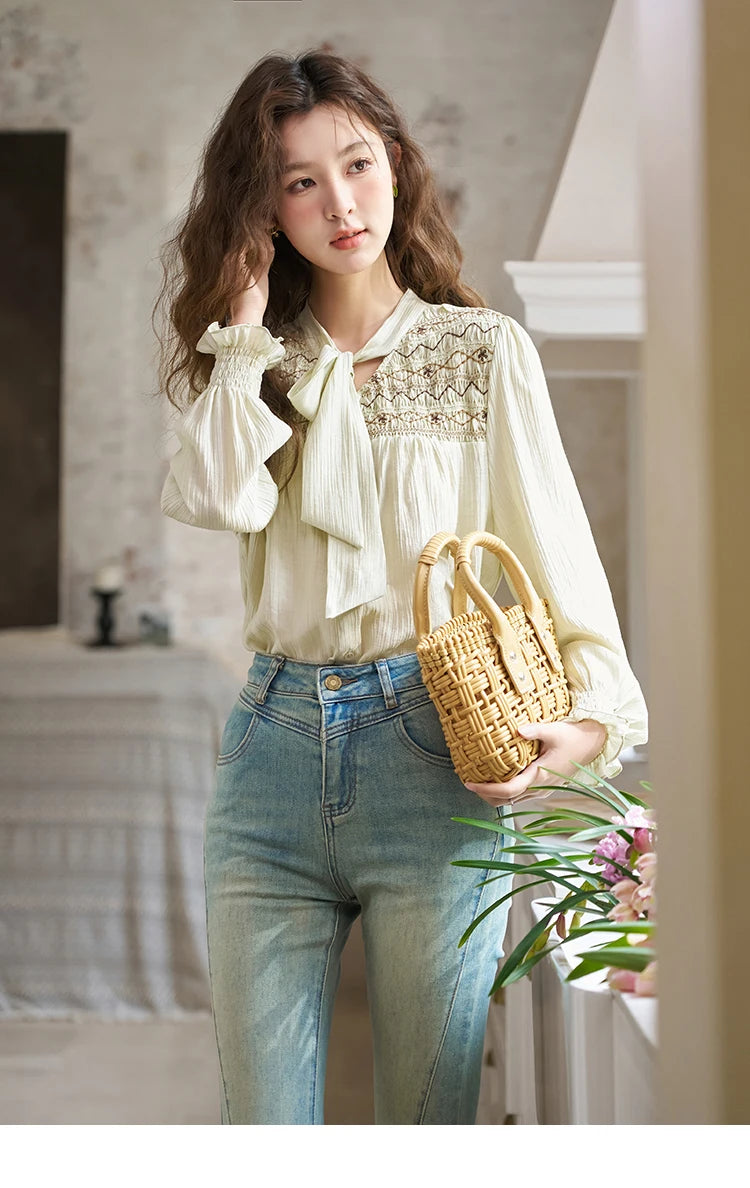 MISHOW Ribbon Collar Shirt for Women Autumn 2025 Sweet Cuffs Pleated Embroidered Petal Sleeve Loose Top Office Lady MXD14C0226