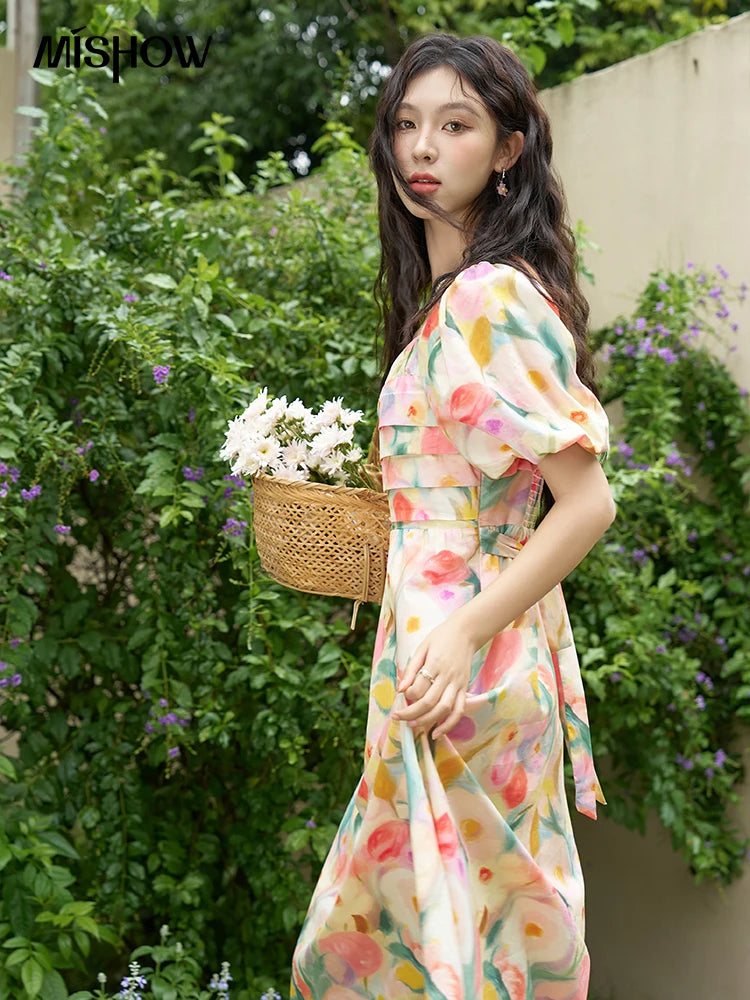 MISHOW French Tulip Fragmented Flower Dresses for Women 2024 Summer Beach Vacation Puff Sleeve Sweet Elegant Dresses MXD28L1896
