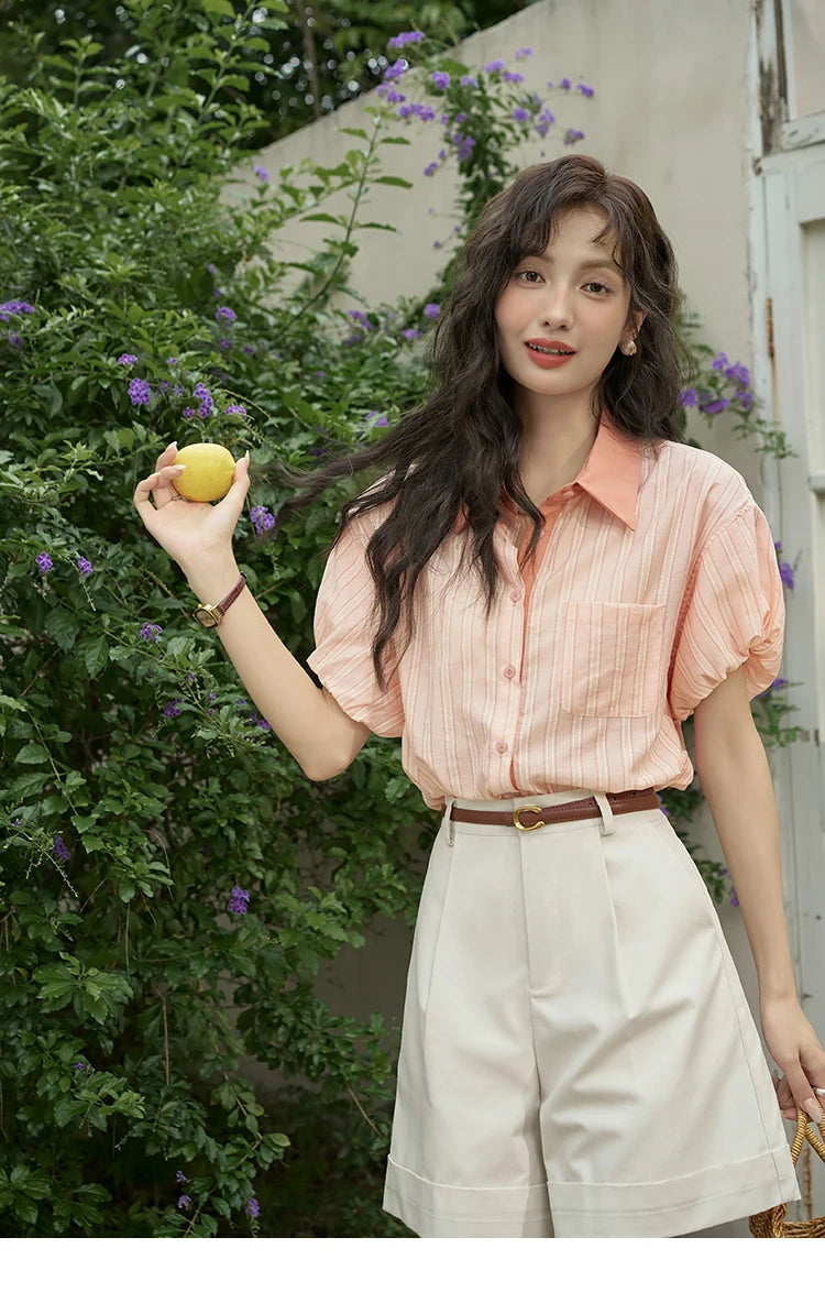 MISHOW Women's Hong Kong Retro Pink Striped Shirt 2024 Summer Short Sleeve Bubble Sleeve Single Breasted Lapel Top MXD28C0250