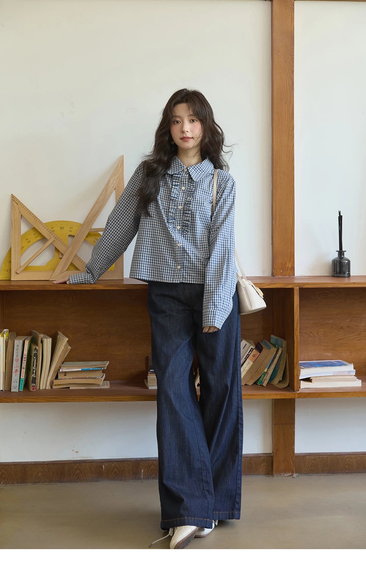 MISHOW Autumn Blue Plaid 100 Cotton Shirts 2025 Doll Collar Dropped Shoulder Sleeves Casual Top Retro Commuter Shirt MXE44C2391