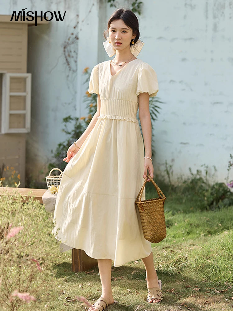 MISHOW French Summer Dresses Women 2025 New Short Puff Sleeve V-neck Solid Cotton Blended Dress Female Slimming MXE34L2288