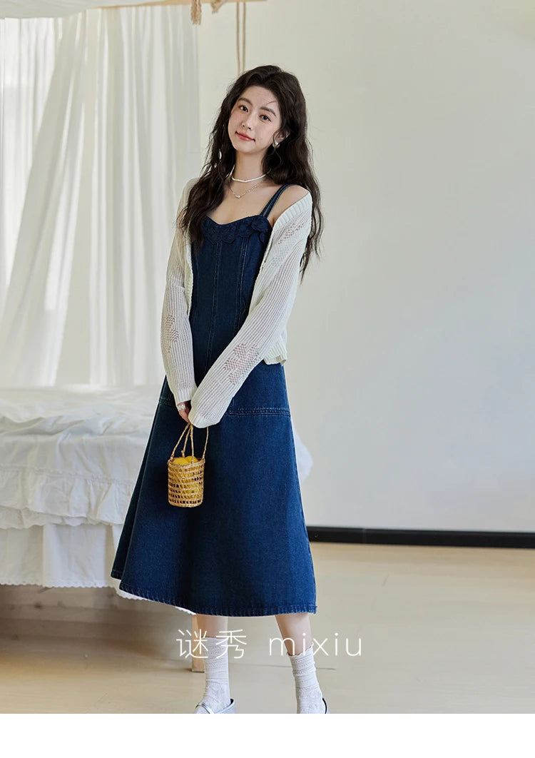 MISHOW Denim Camisole Dress Hollowed Out Cardigan Separately Spring Knitted Cardigan Lace Edge Waist Dress(Not A Set) MXE13L2094