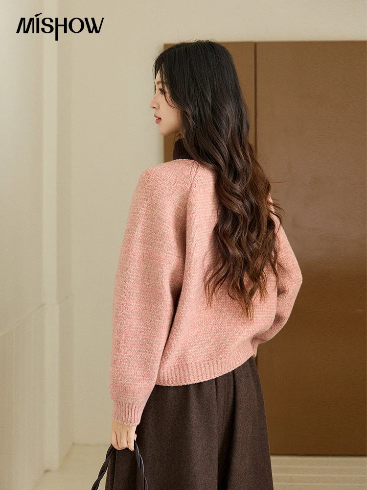 MISHOW Women's Pink Knitted Cardigan Autumn Winter Contrast Collar Bow Pocket Top Single-breasted Loose Warm Sweater MXE94Z2957