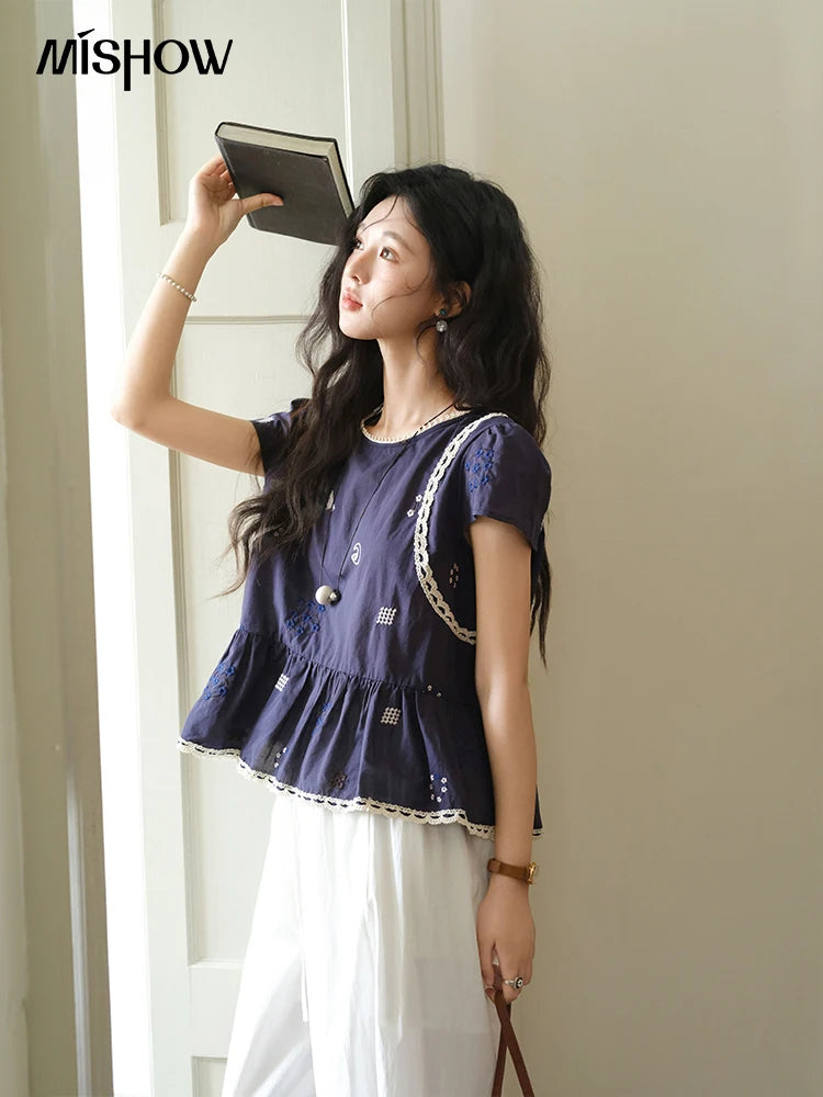 MISHOW Women's O-Neck Spliced Lace Blouse 2025 Summer New Fashion Embroidery Flower Casual Loose Top Ladies Clothing MXE39X1965