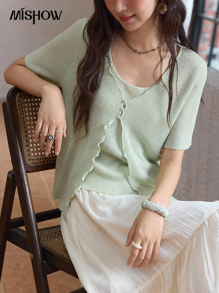 MISHOW Women's Mint Green Fake Two Piece Short Sleeved Knitted Cardigan 2025 Summer Solid Color Loose Comfortable Top MXE36Z1286