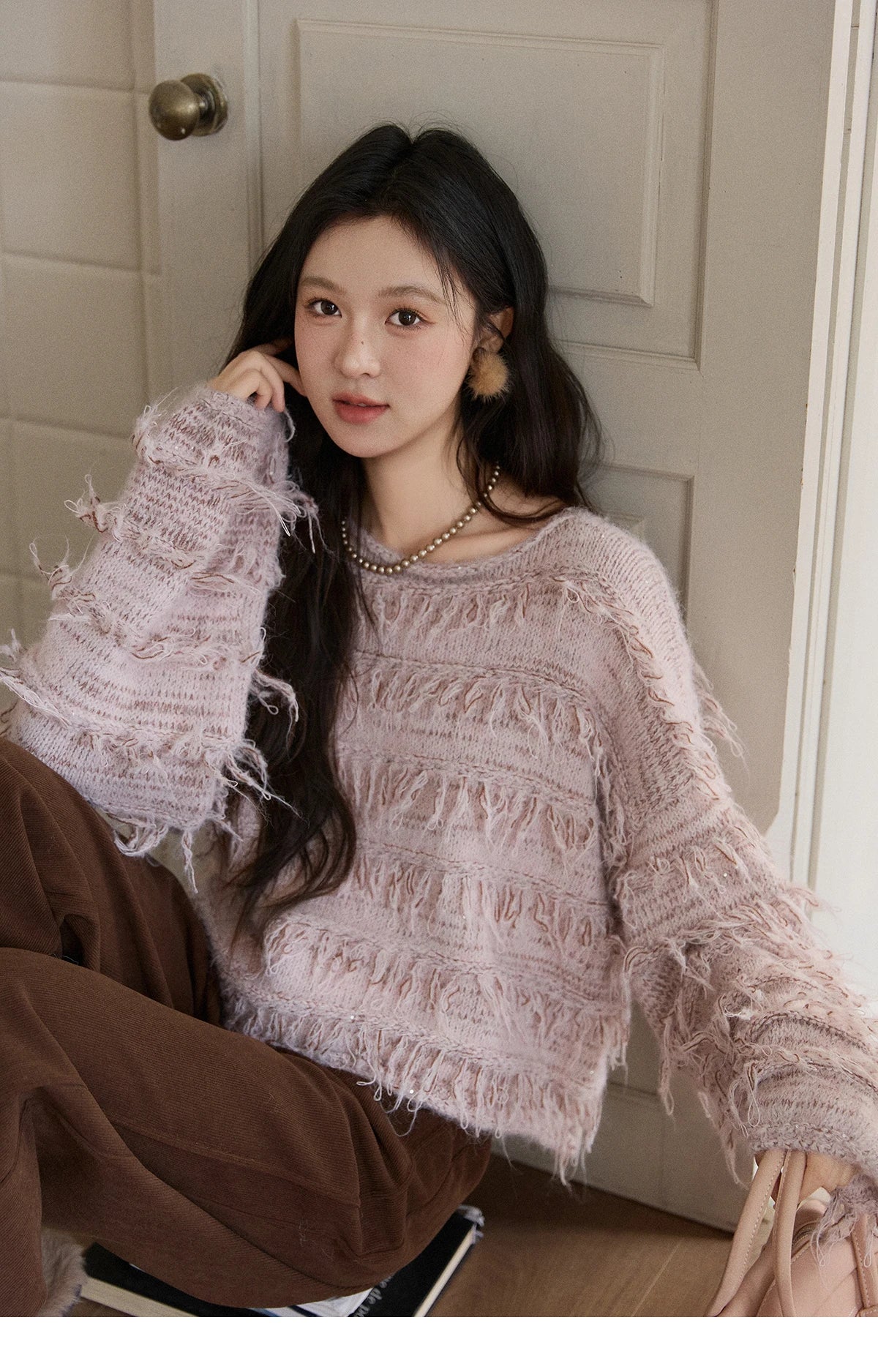 MISHOW Tassel Bead Wool Blended Sweater Autumn Winter 2025 Elegant Thick Knitted Sweater Loose Warm Tops Office Lady MXE90Z2822