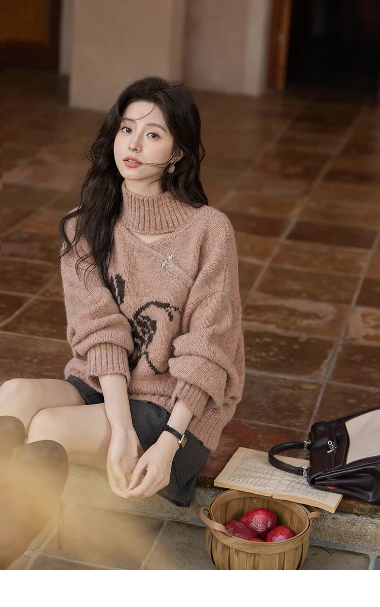 MISHOW Chinese Hollow Out Sweaters for Women 2024 Autumn Winter Loose Casual Design Sweet Floral Knitted Pullovers MXD36Z0888