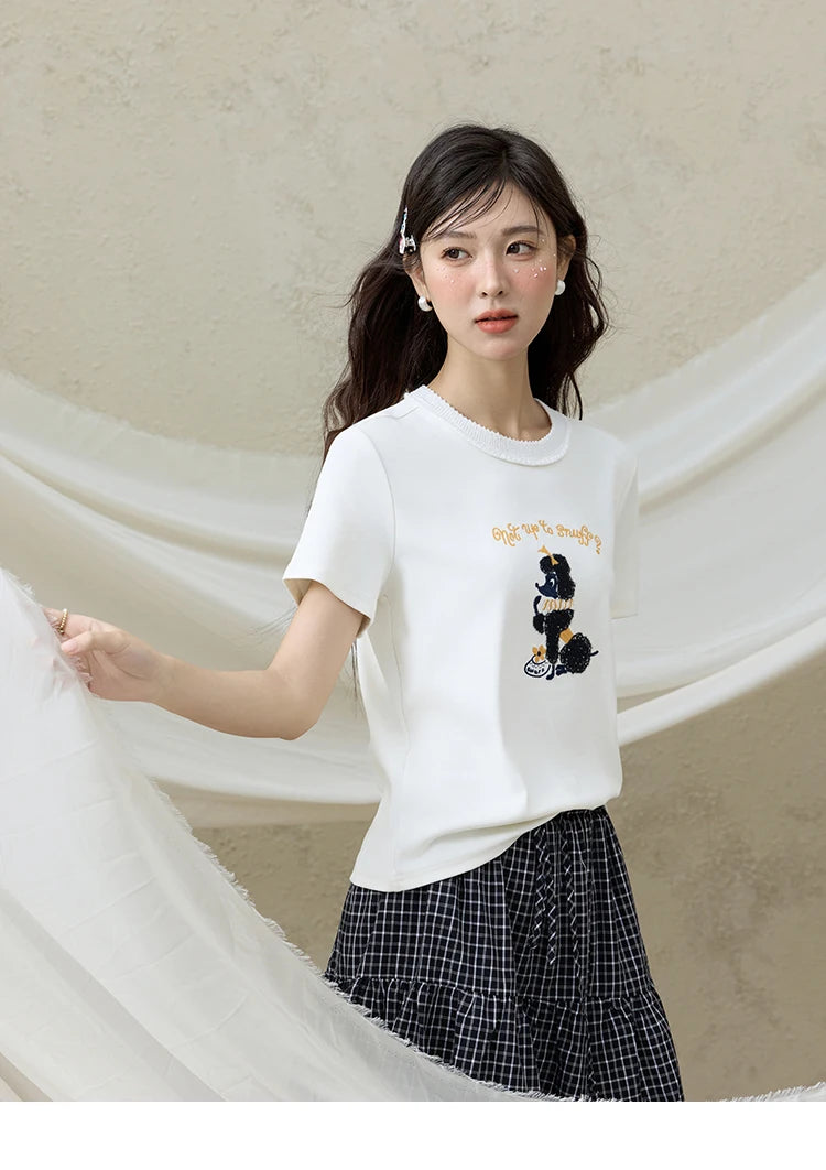 MISHOW Casual Summer Print Shirt Women New 2025 Round Neck Short Sleeve Dog Embroidered T-shirts Female Fashion Tops MXE33T0540