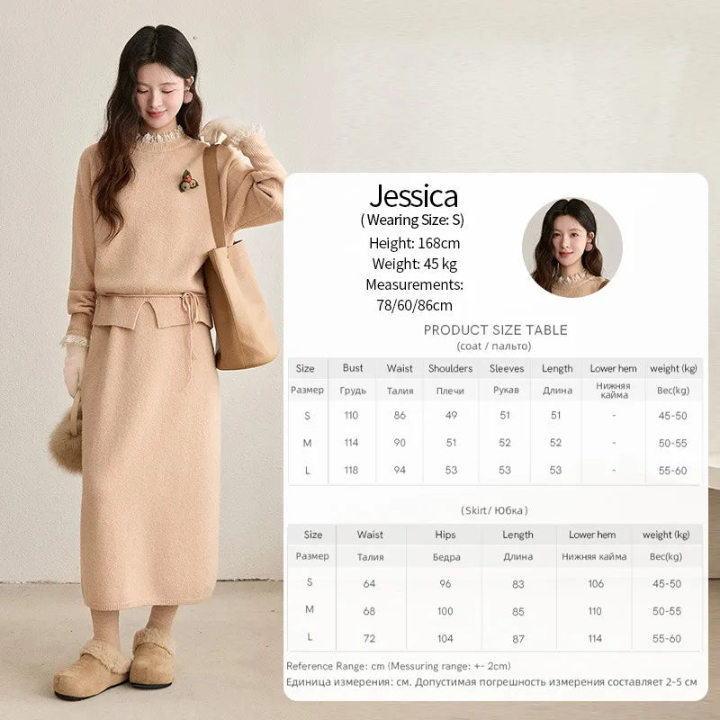 MISHOW Lace Trim Knitted Sweater Midi Skirt Set 2025 Winter Non Removable Brooch Decor Sweater Back Split Skirt Sets MXE92T1450