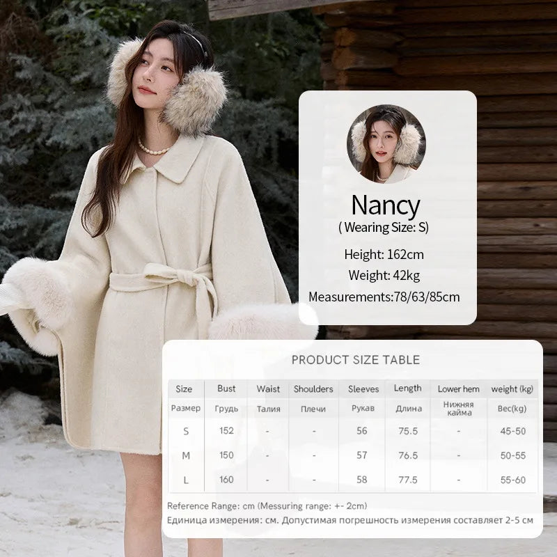 MISHOW 100% Wool Cape Double-sided Woolen Coat 2025 Winter Elegant Detachable Furry Cuffs Warm Lapel Ponchos Coats MXE90W0947