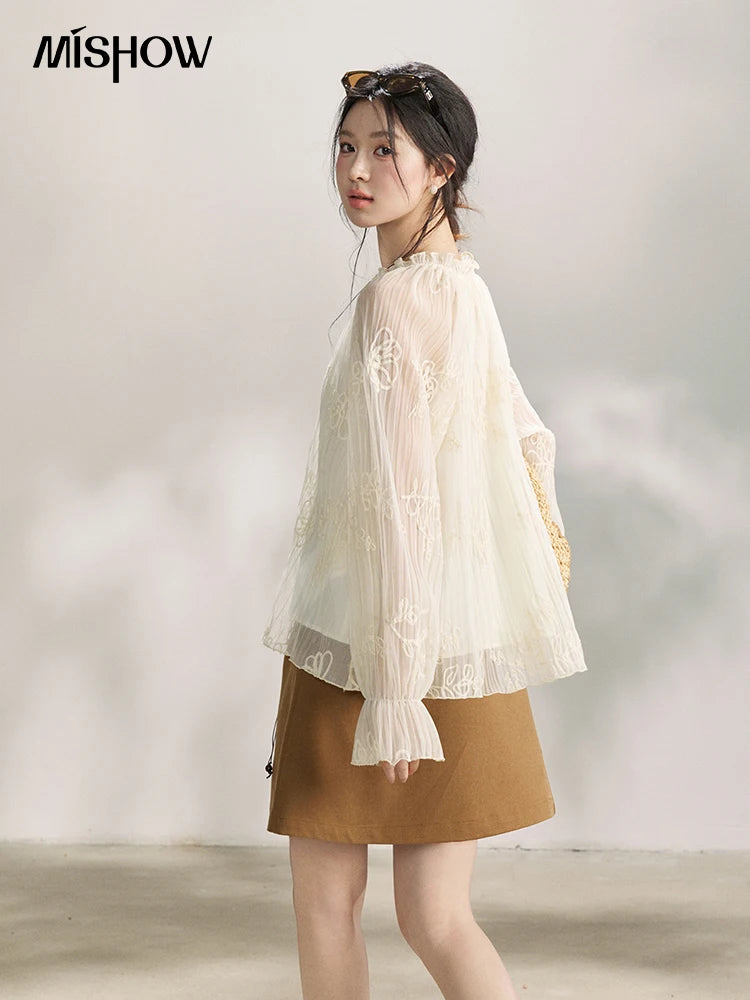 MISHOW Women's Tassel Tie Flower Embroidered Blouse 2026 Spring V-Neck Lantern Sleeves Top Casual Loose Sheer Blouses MXF13X2525