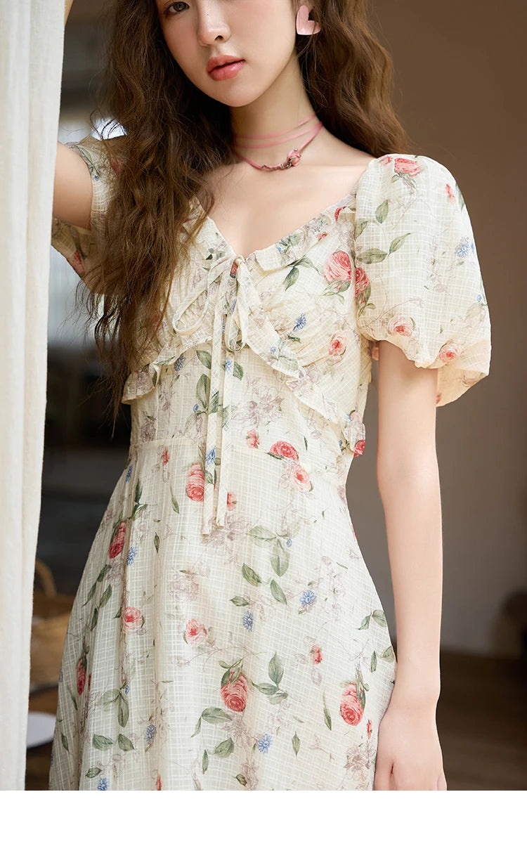 MISHOW Elegant Fairycore Floral Dresses for Women 2023 Summer French A-line Ruffles V-neck Puff Sleeve Sweet Dress MXC33L1465