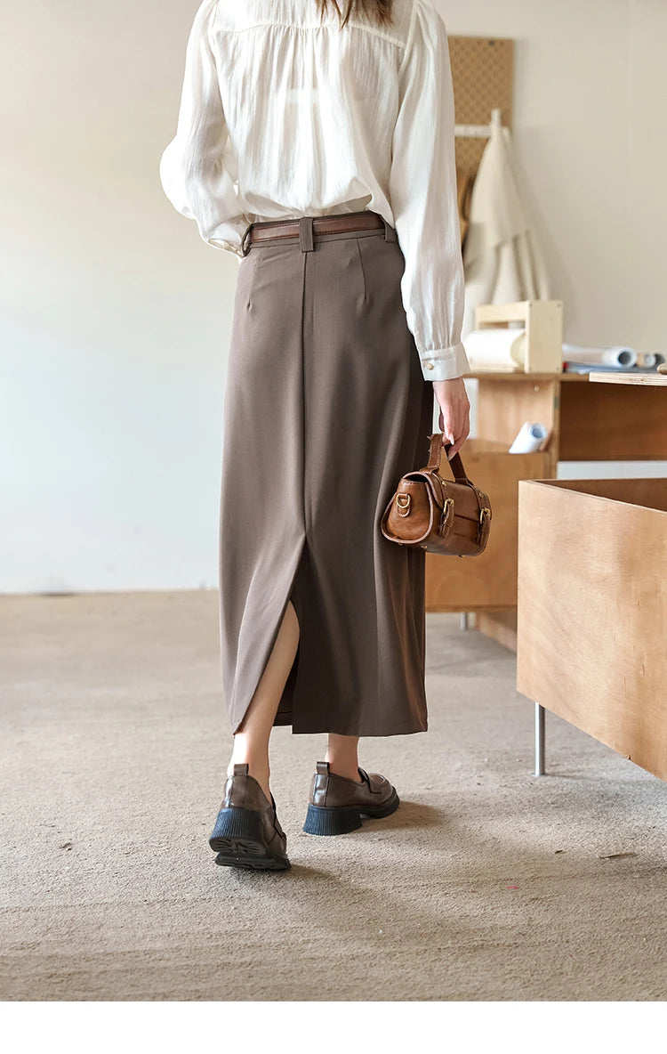 MISHOW Women's Midi Skirt 2023 Autumn Academy Pleated Commuter A-LINE Pockets Solid Split Back Hem Mid-Calf Skirts MXC42B0118