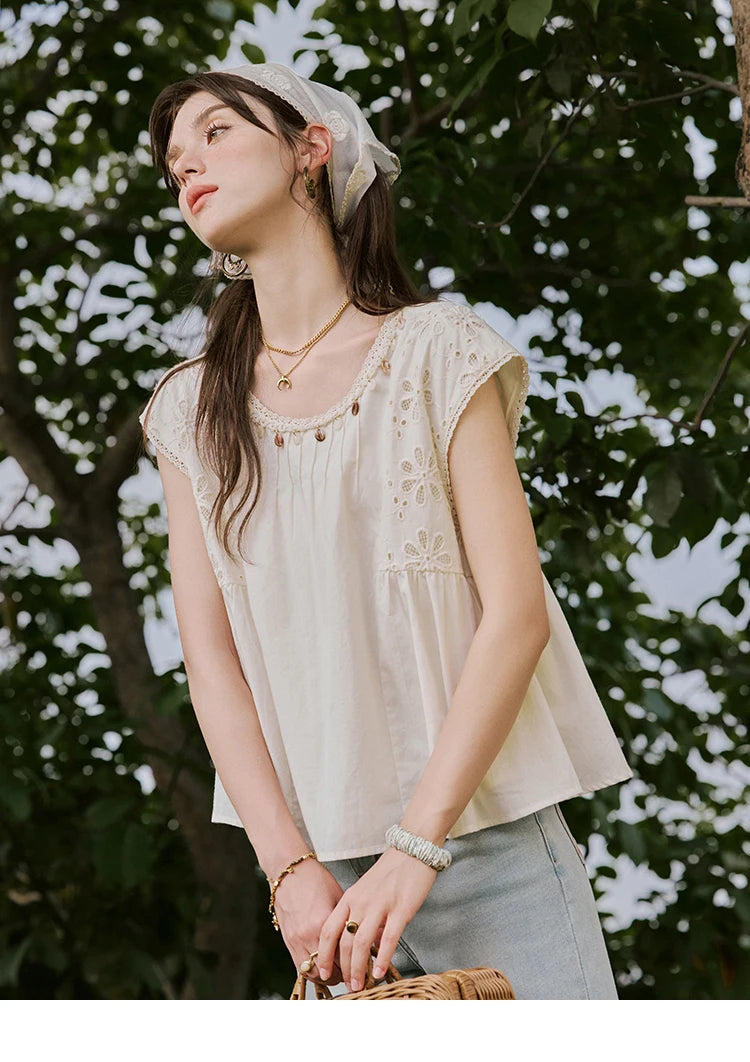 MISHOW French Summer Elegant Blouses Women 2025 Solid Short Flying Sleeve Round Neck Hollow Lace Shirts Woman Fashion MXE33X1778