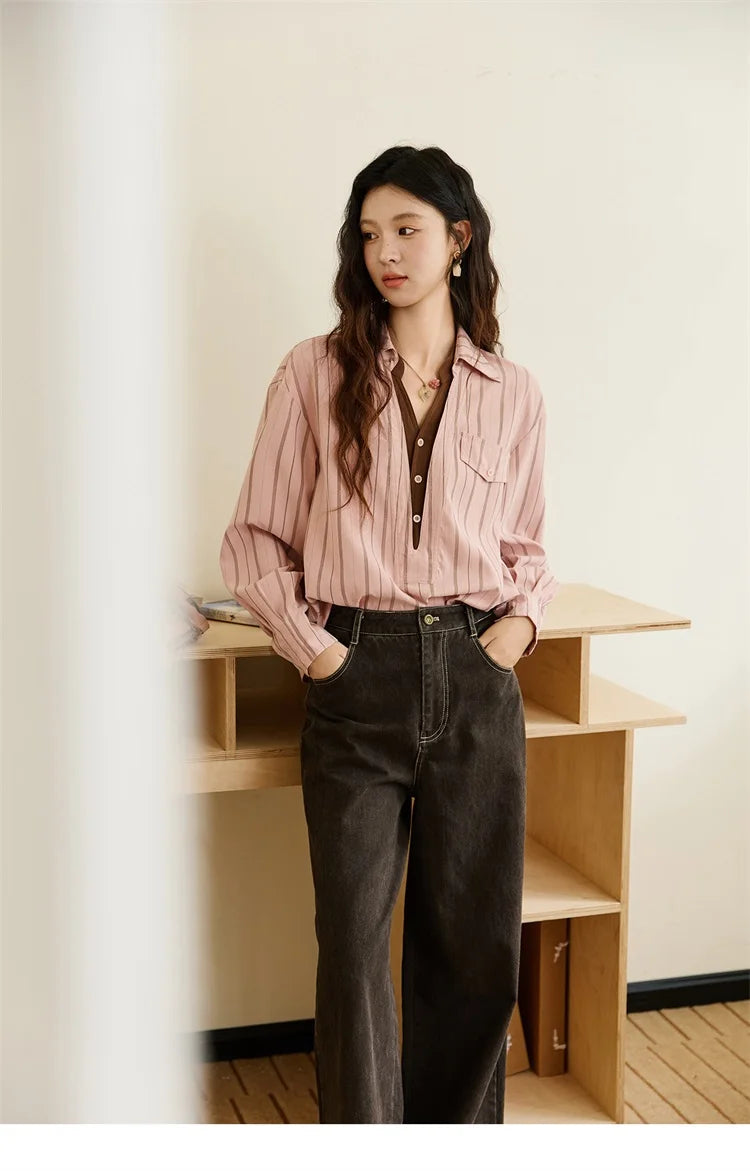 MISHOW Peach Skin Velvet Stripe Shirt for Women Autumn 2025 Double Layered Collar Contrasting Color Shirt Commute Top MXE47C2408