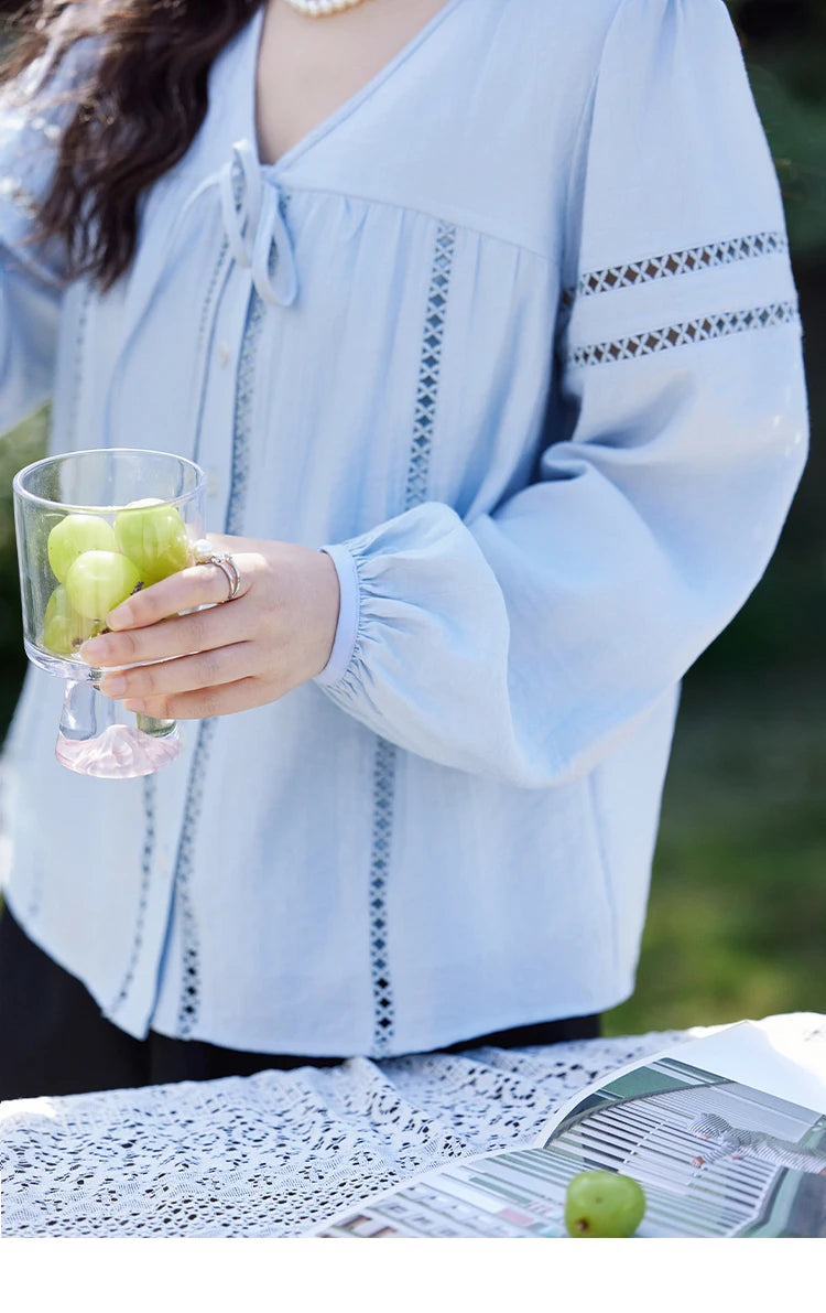 MISHOW French Sweet Loose Blue Shirt for Women 2025 Spring Summer V-neck Lace-up Hollow Doll Shirt Lantern Sleeve Top MXE12C0411